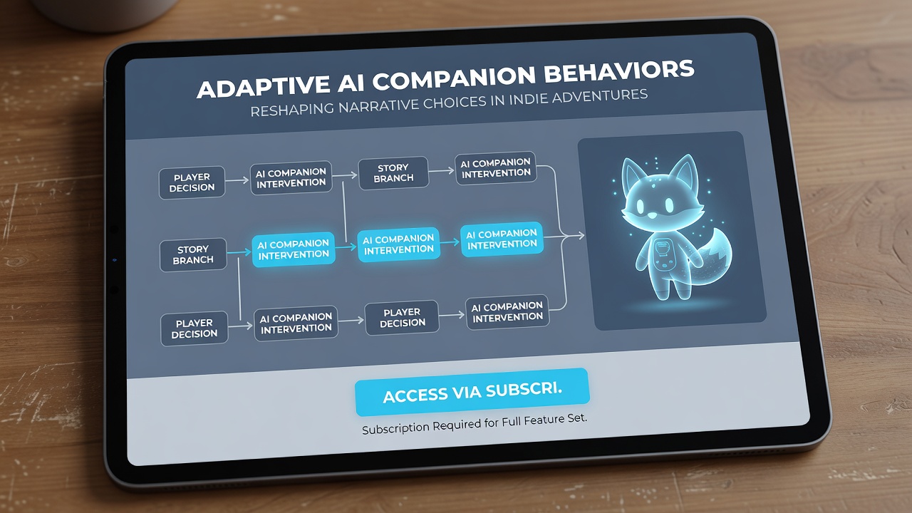 Player navigating a story branch influenced by an AI companion in an indie adventure game on a subscription platform