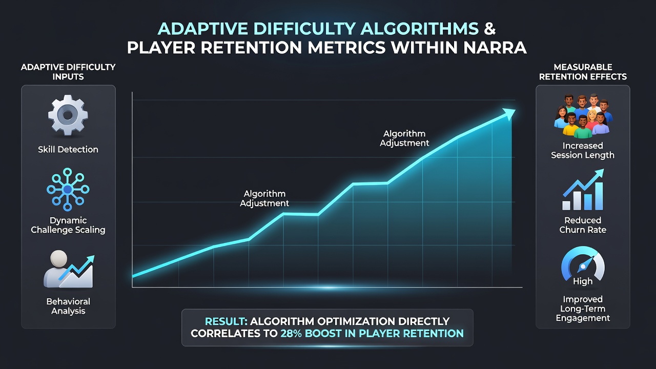 Graphs and charts displaying player retention metrics influenced by adaptive difficulty in indie narrative PC games