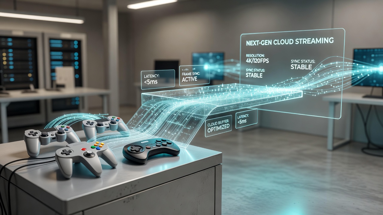 Esports athletes practicing with legacy controllers connected via adaptive sync to cloud streaming rigs