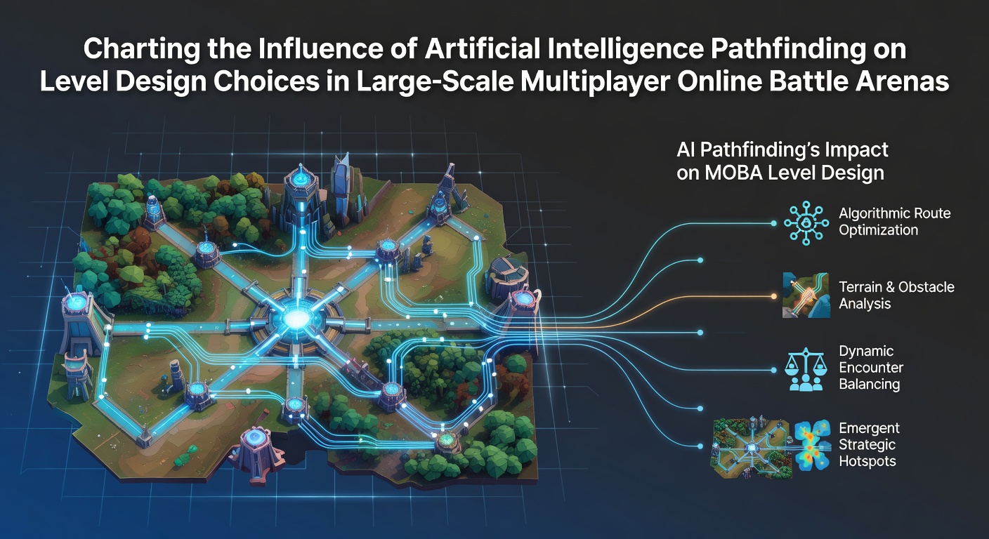 Visualization of AI pathfinding algorithms shaping MOBA map layouts and navigation meshes