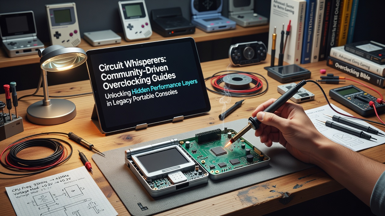 Community members examining circuit boards from legacy portable consoles during an overclocking workshop