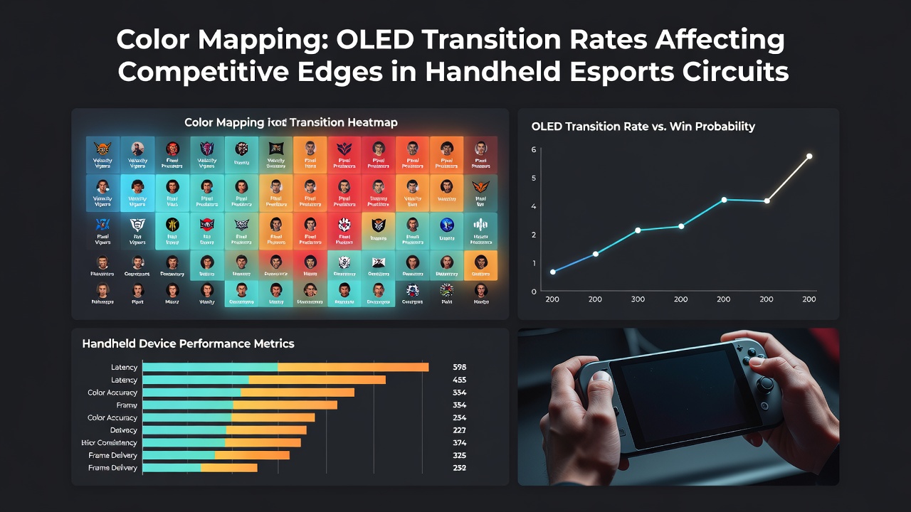 Esports competitor using an OLED handheld console during a tournament match with visible color mapping on screen