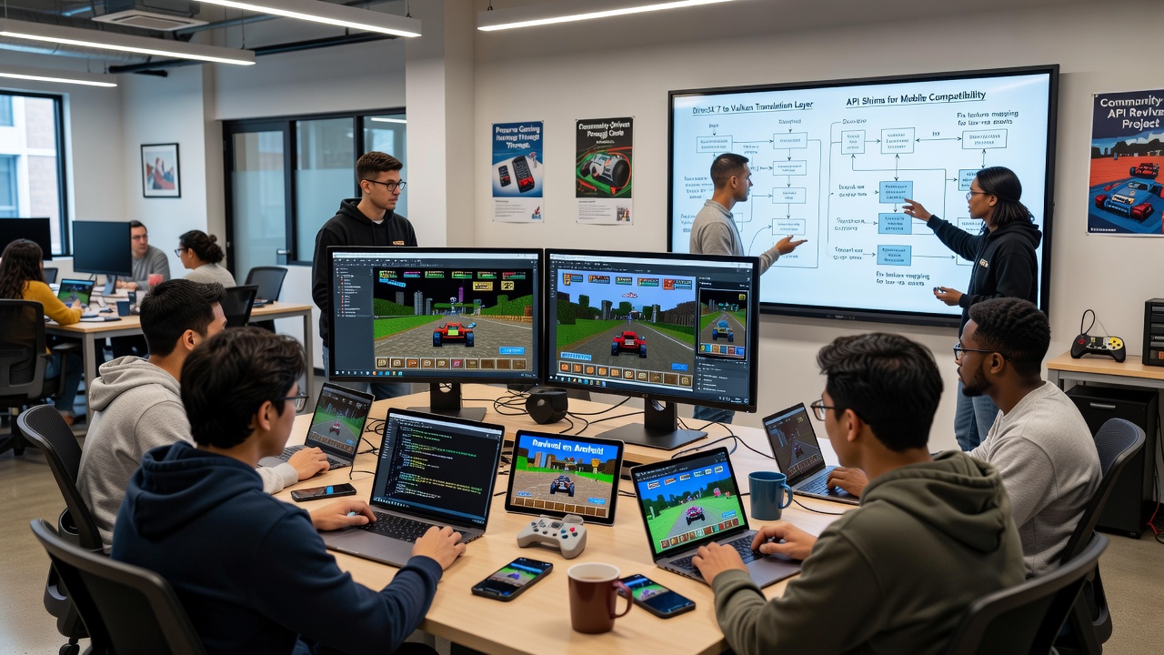 Developers collaborating on reverse engineering legacy graphics APIs for mobile game revival projects