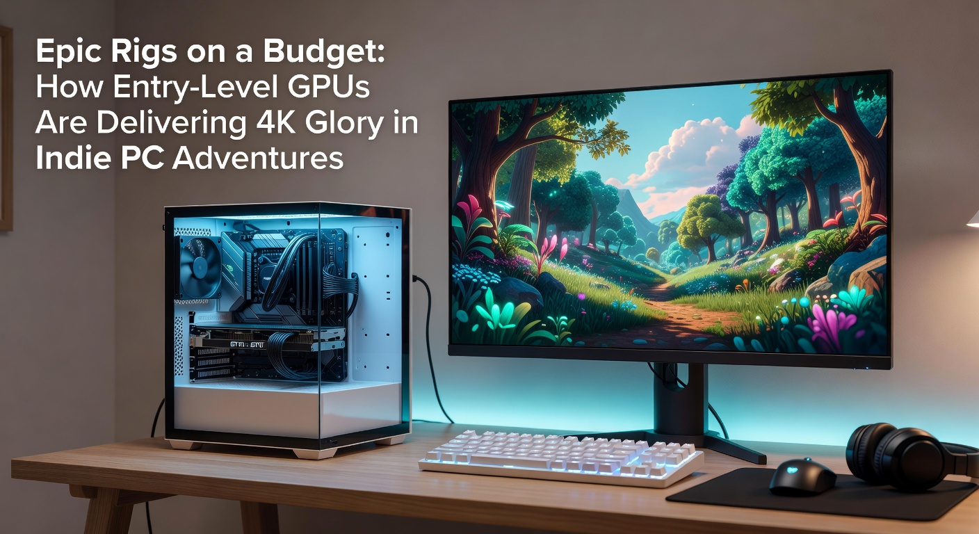 A compact budget PC rig displaying a vibrant indie game at 4K resolution on a large monitor, showcasing smooth frame rates and detailed visuals