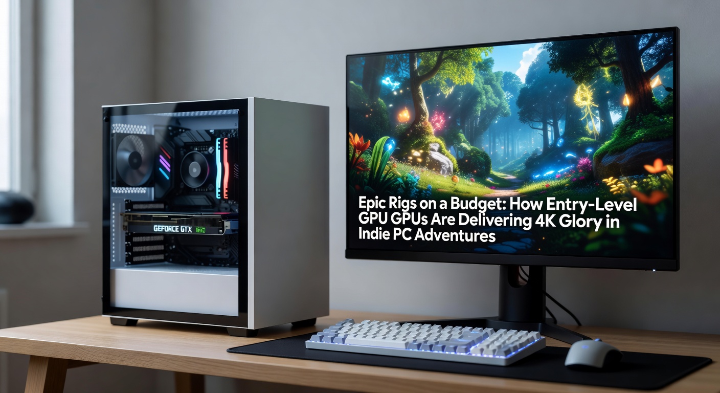 Close-up of an entry-level GPU like the RTX 4060 installed in a budget PC case, with RGB lighting highlighting its compact design and cooling fans