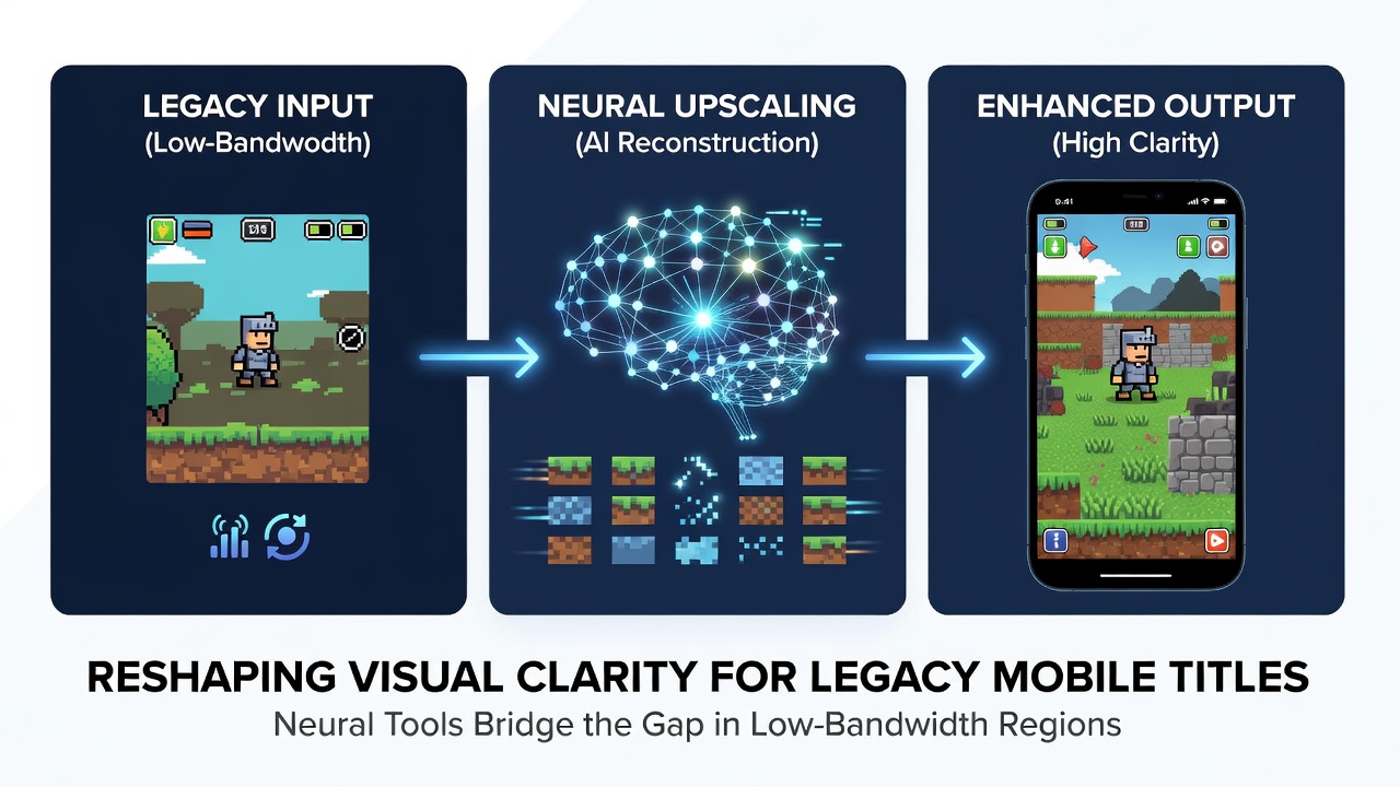 Side-by-side comparison of legacy mobile game visuals before and after neural upscaling in low-bandwidth conditions