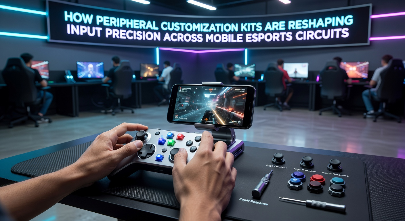 Mobile esports player using a peripheral customization kit with attached triggers and grips during a tournament match
