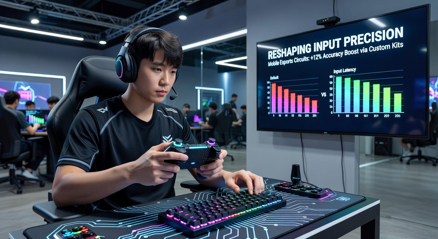 Close-up view of a customized mobile gaming setup featuring modular triggers and ergonomic grips used in competitive play