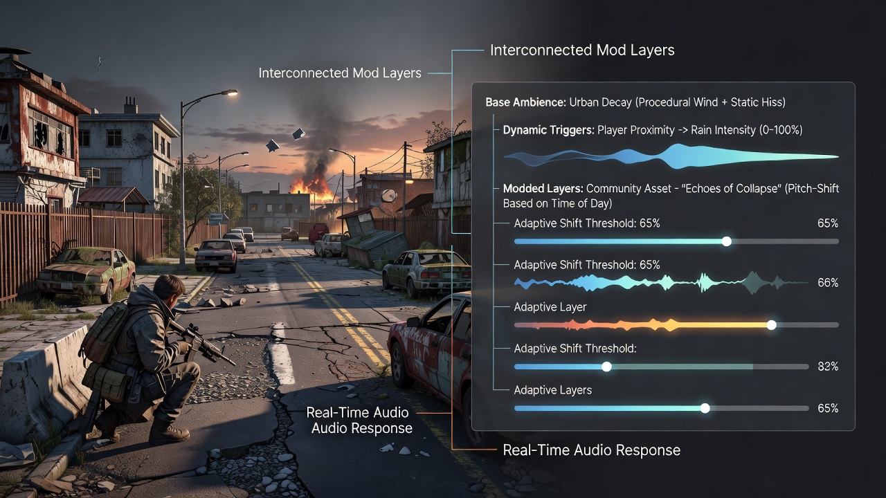 Audio waveform visualization showing layered adaptive tracks in a modded RPG session