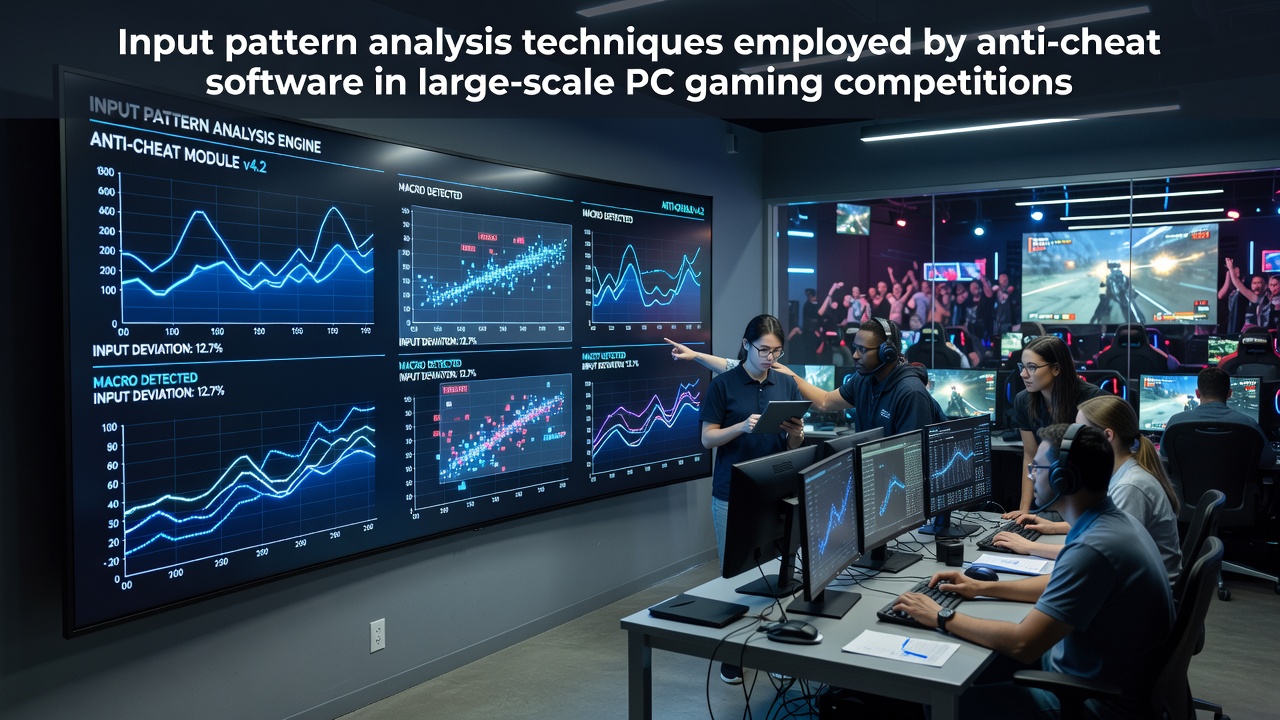 Anti-cheat software analyzing input patterns during a PC esports tournament match
