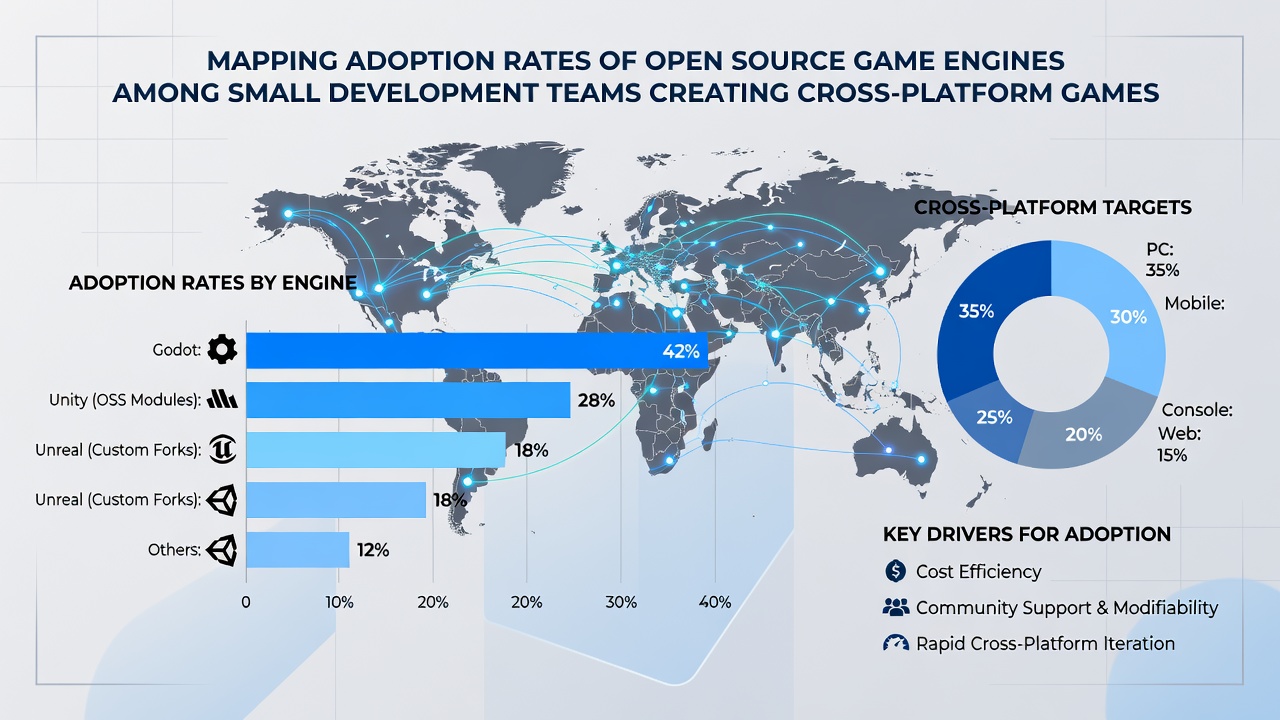 Infographic illustrating regional differences in open source engine adoption for cross-platform game development