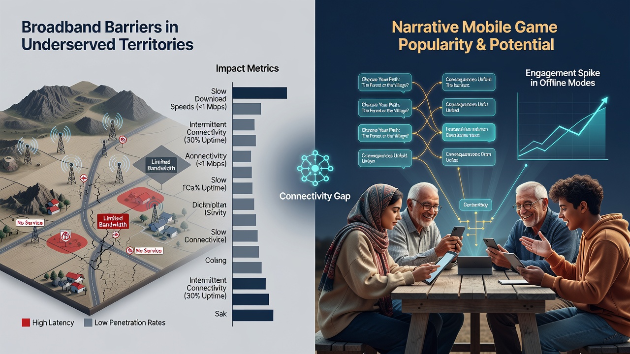 Mobile players in remote areas navigating connectivity issues while accessing narrative game content