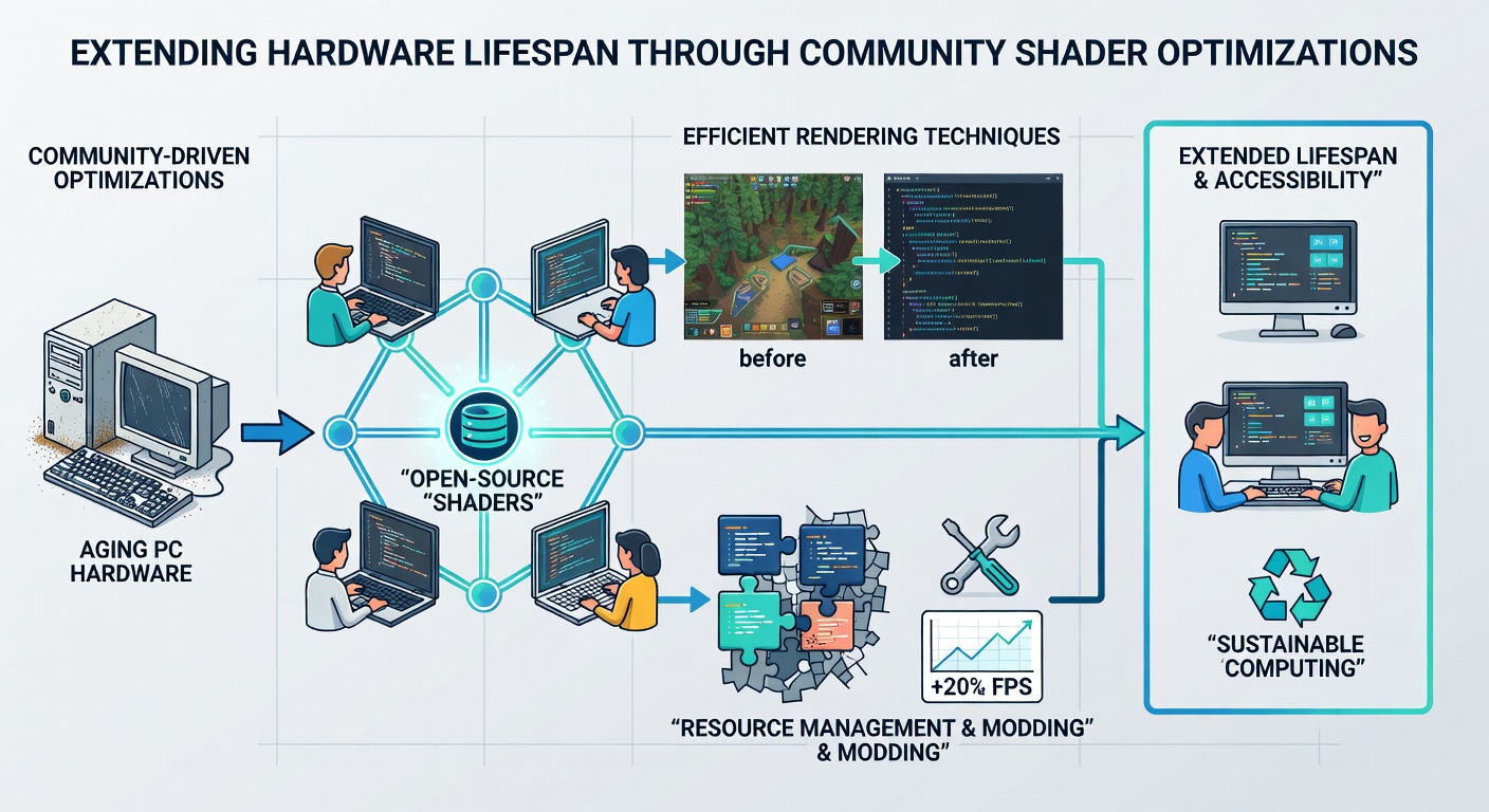 Community modders reviewing shader code on multiple monitors during an esports hardware workshop