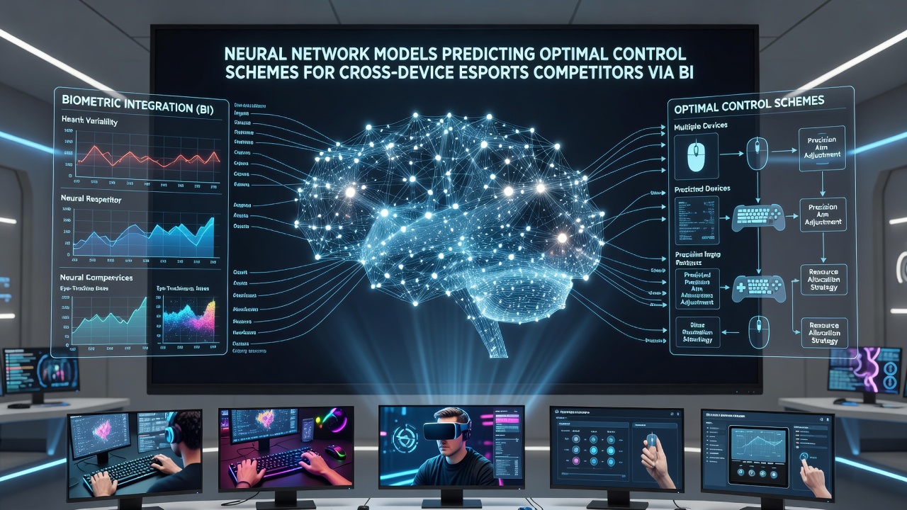 Athletes connected to biometric sensors while neural models adjust control schemes on varied gaming devices