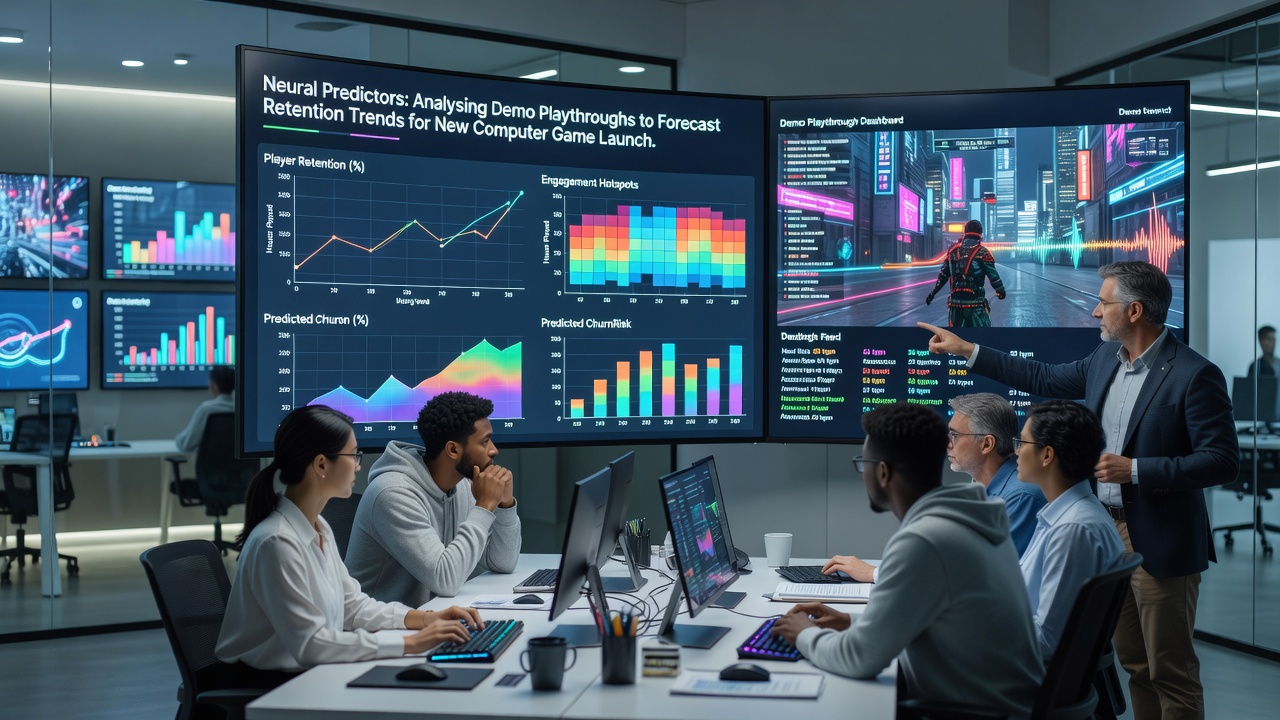 Developers reviewing retention forecast dashboards generated from neural analysis of recent game demos