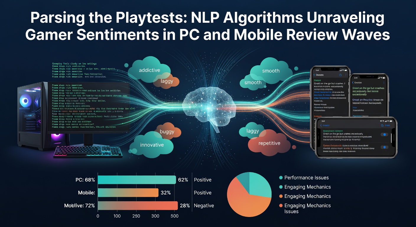 Colorful word cloud generated from NLP analysis of gamer reviews, highlighting sentiments like 'addictive', 'frustrating', and 'immersive' across PC and mobile titles