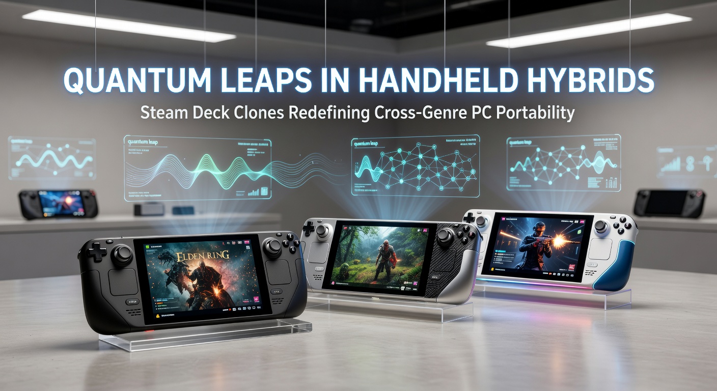 Close-up of a Steam Deck clone handheld device in action, running a high-fidelity PC game on its vibrant screen with ergonomic controls visible.