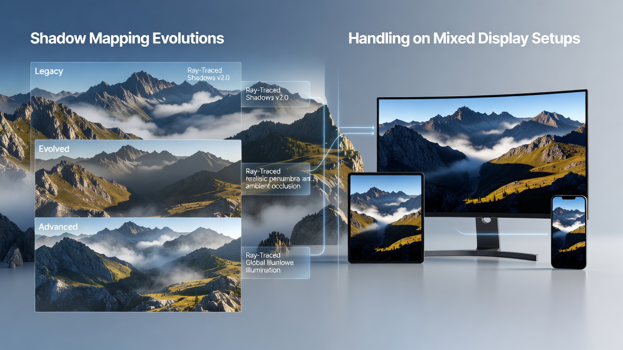 Advanced shadow mapping rendering in a foggy atmospheric game environment on multiple displays