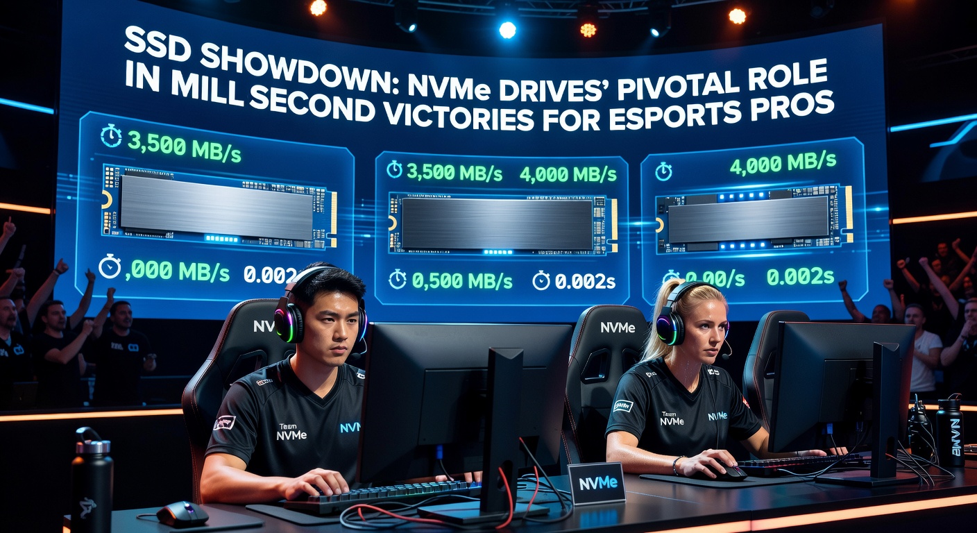 Esports pro intensely focused on screen during high-stakes match, with high-end PC rig featuring NVMe SSD visible in background