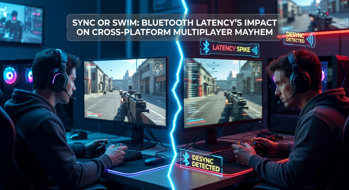 Gamers in a heated cross-platform multiplayer session, controllers flashing amid sync disruptions from Bluetooth delays