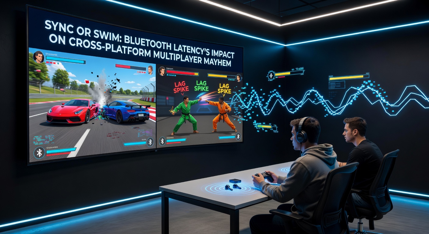 Close-up of a Bluetooth controller mid-action, waveform graphs overlaying latency spikes in a multiplayer interface