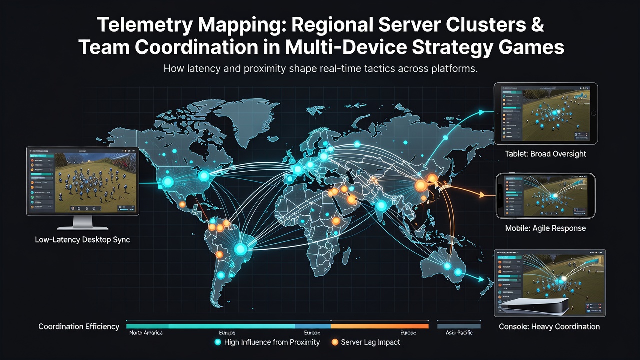 Telemetry data visualization showing regional server clusters and team coordination metrics across PC and mobile strategy games