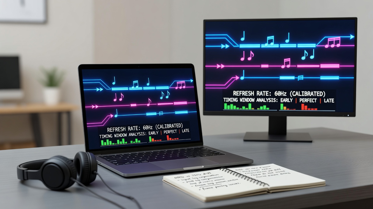 Mid-tier laptop displaying rhythm action game interface with refresh rate settings visible