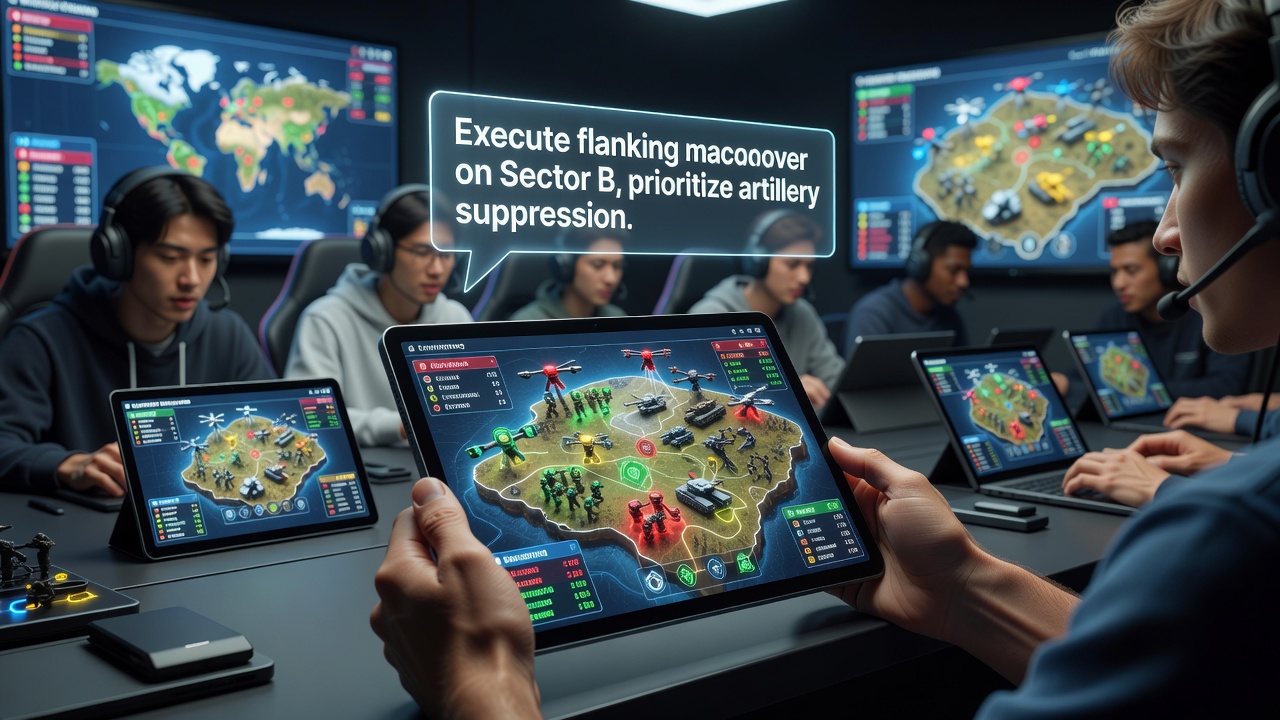 Players using voice commands on hybrid gaming devices during a multiplayer strategy session