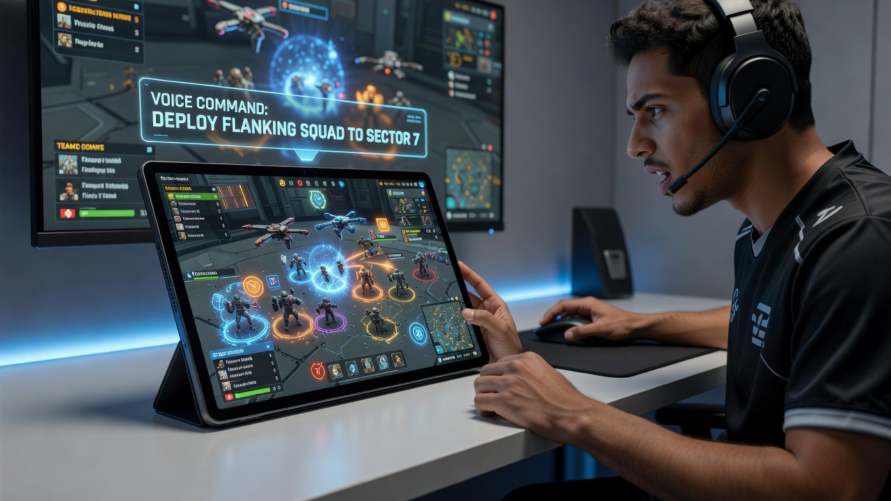 Close-up of hybrid device interface displaying voice command overlays in a strategy game