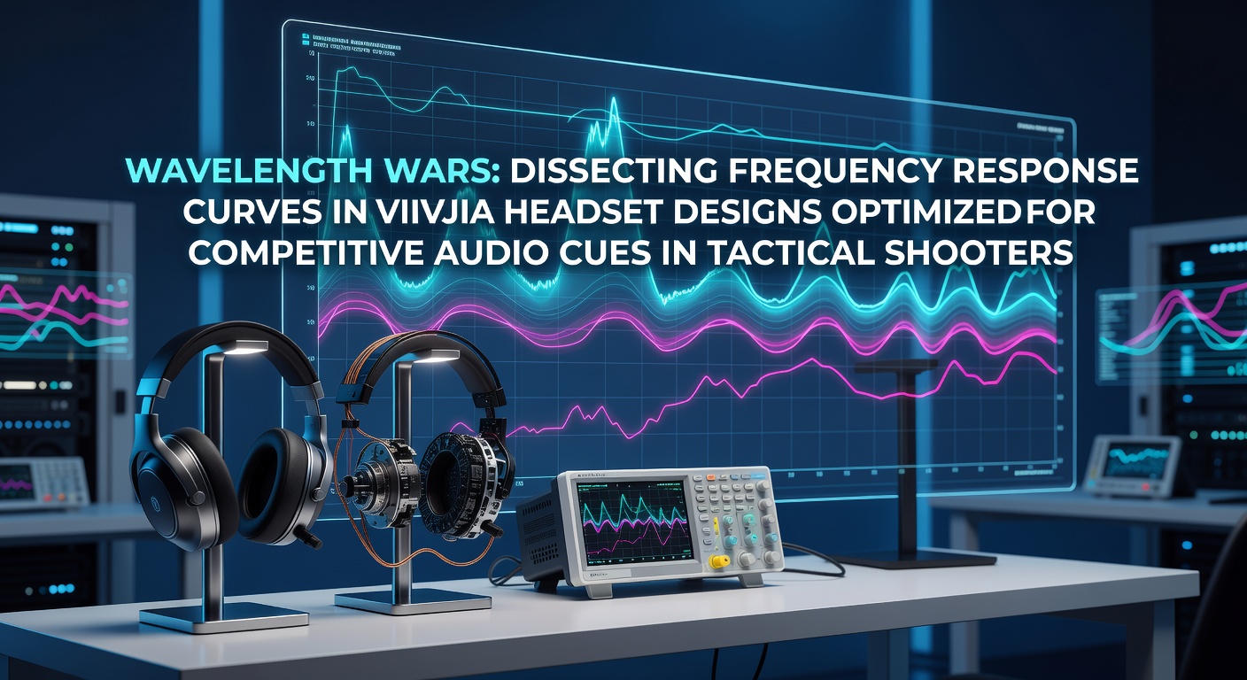 Frequency response curve graph displayed on a monitor next to professional gaming headsets used in tactical shooters
