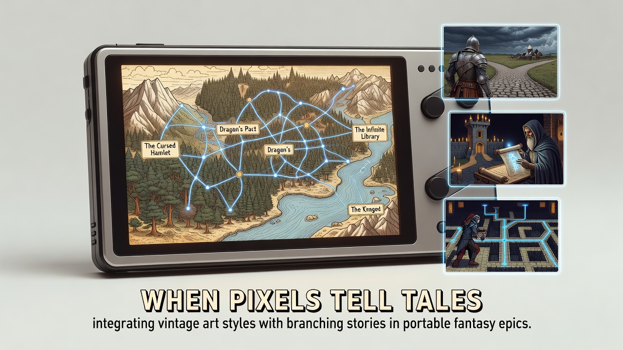 Vintage pixel art style fantasy scene on a portable device screen showing branching narrative choices