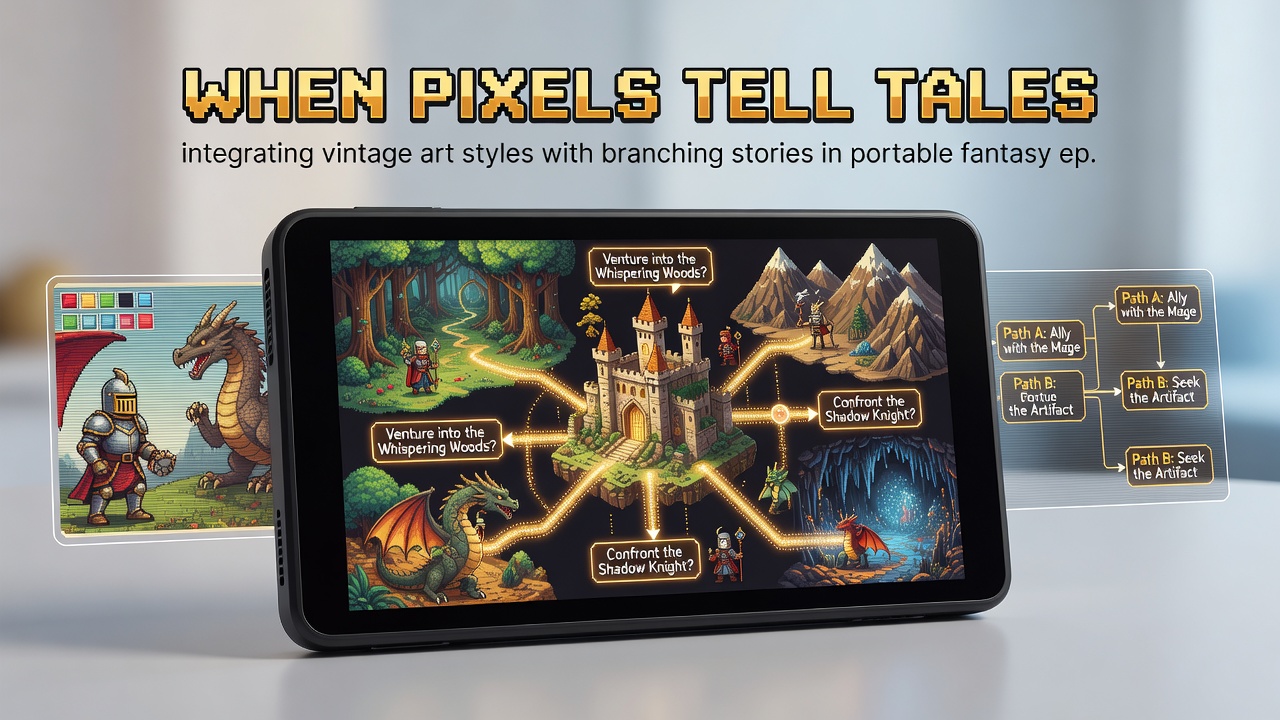 Handheld device displaying multiple story branches with retro fantasy pixel graphics and choice menus