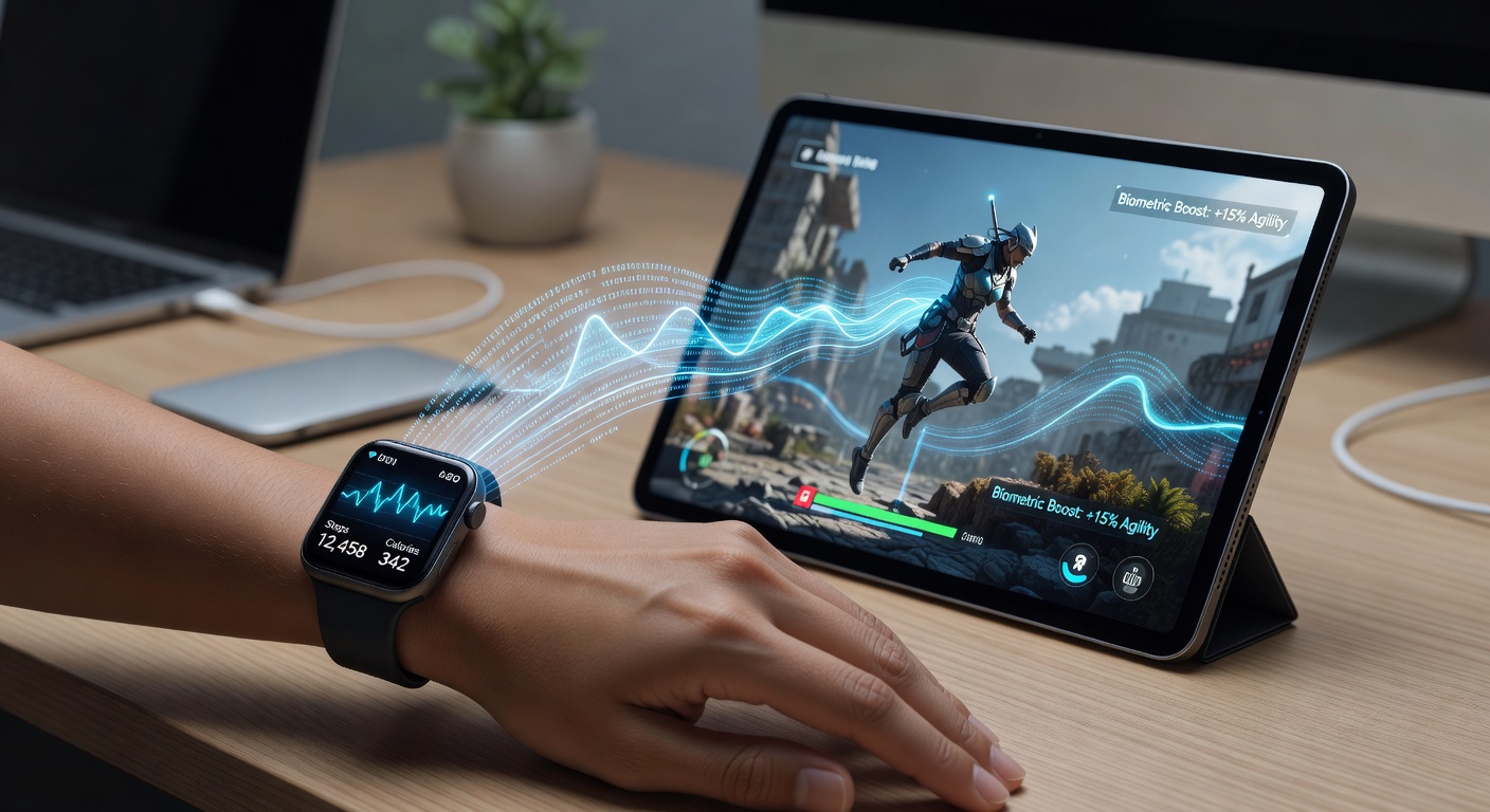 Wearable fitness tracker syncing heart rate and stress data to a mobile game interface on a touchscreen tablet